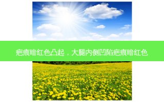 疤痕暗红色凸起，大腿内侧凹陷疤痕暗红色